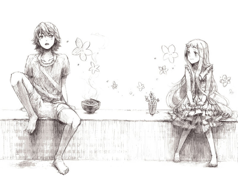 Two Anime Characters Sitting — Black, Calm