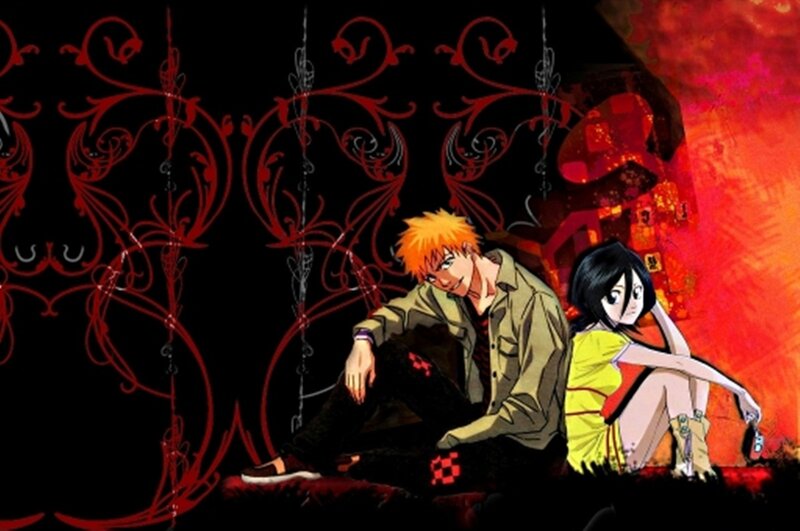 Two Anime Characters Sitting — Black, Dramatic, Red Patterns