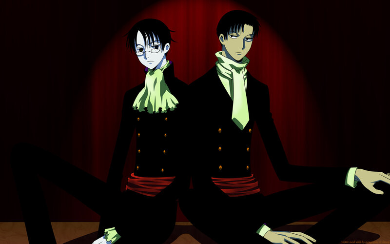 Two Anime Characters Sitting — Black, Dramatic, Suits