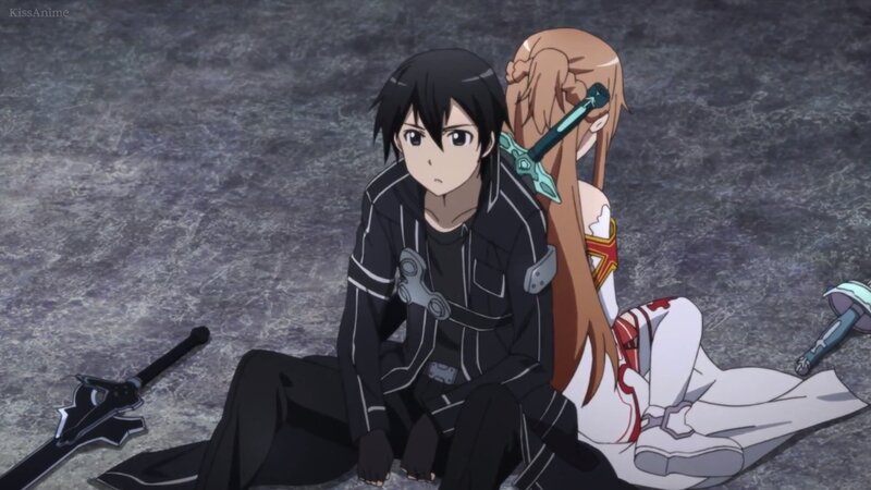 Two Anime Characters Sitting — Black, Dramatic, Swords