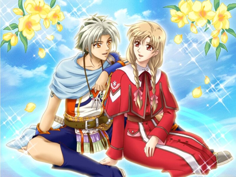 Two Anime Characters Sitting — Blue, Cheerful, Spring