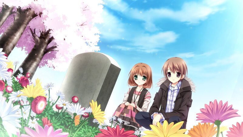 Two Anime Characters Sitting — Blue, Serene, Spring