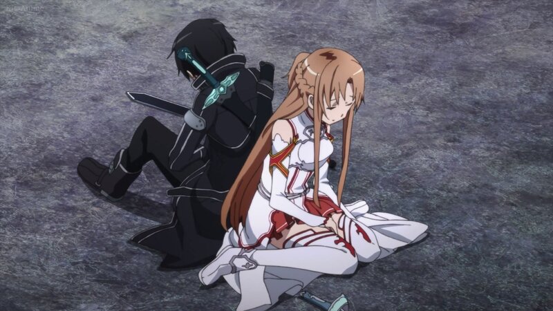Two Anime Characters Sitting — Gray, Dramatic