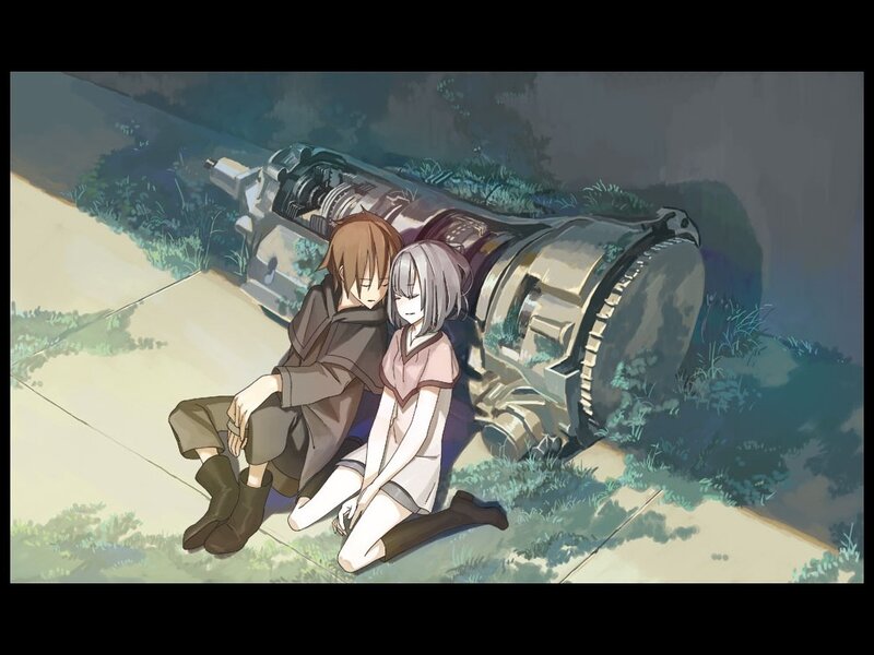 Two Anime Characters Sitting — Gray, Somber