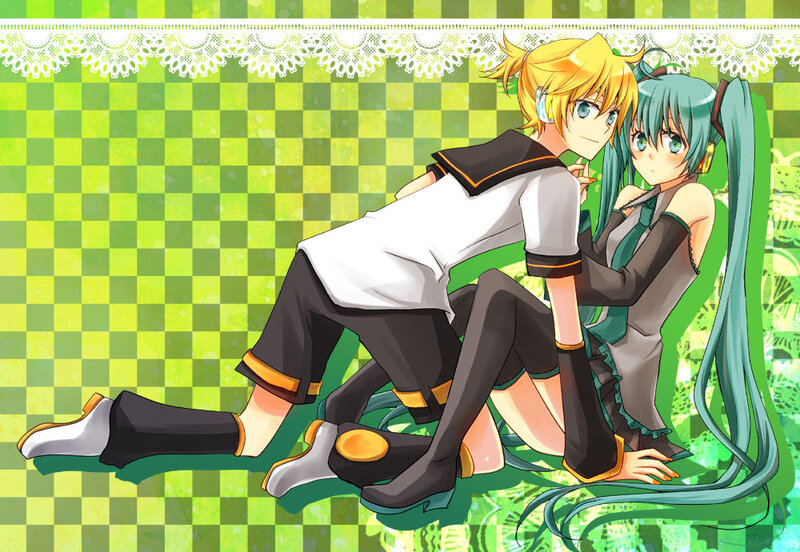 Two Anime Characters Sitting — Green, Playful
