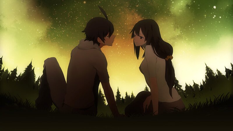 Two Anime Characters Sitting — Green, Serene, Night