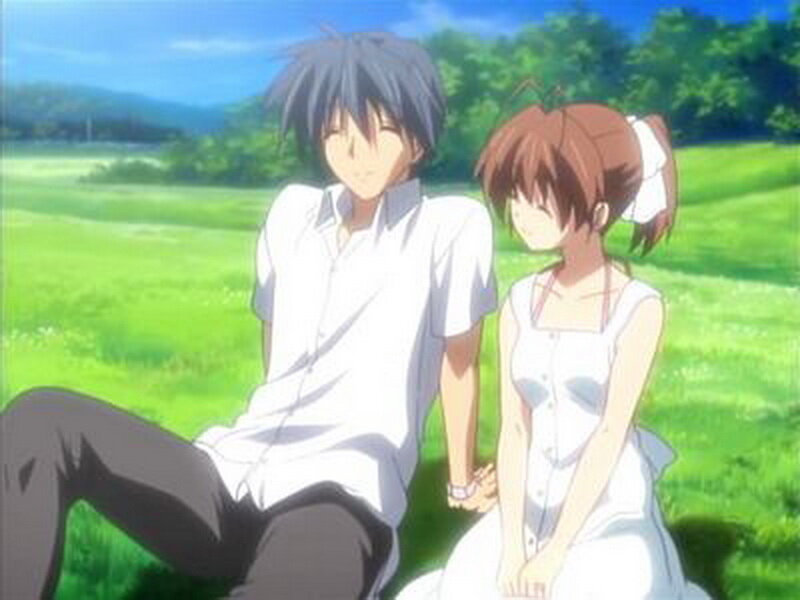 Two Anime Characters Sitting — Green, Serene
