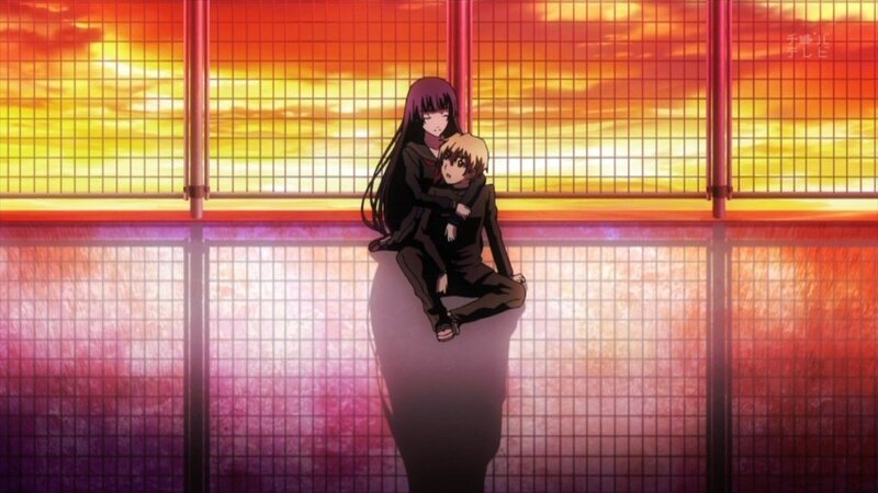 Two Anime Characters Sitting — Orange, Dramatic, Sunset