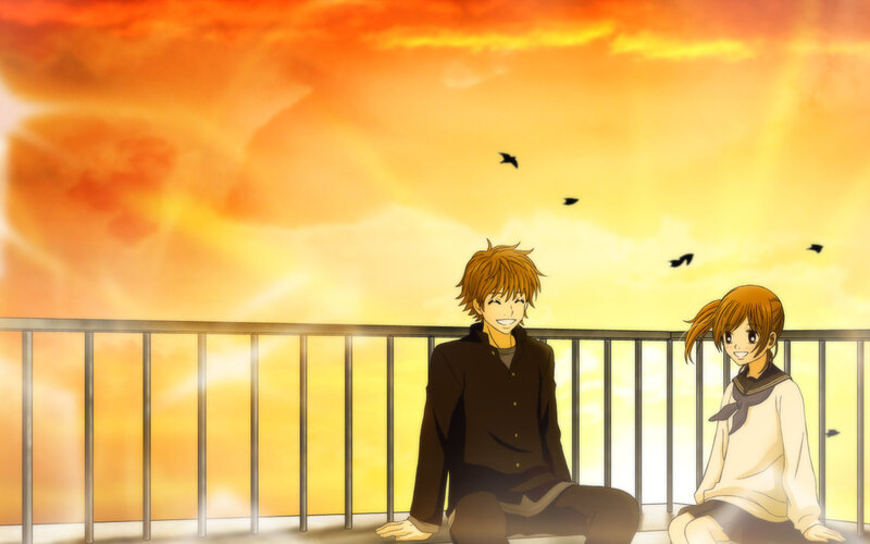 Two Anime Characters Sitting — Orange, Serene, Sunset, Flying Birds