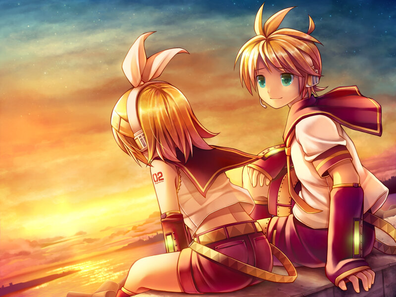 Two Anime Characters Sitting — Orange, Serene, Sunset