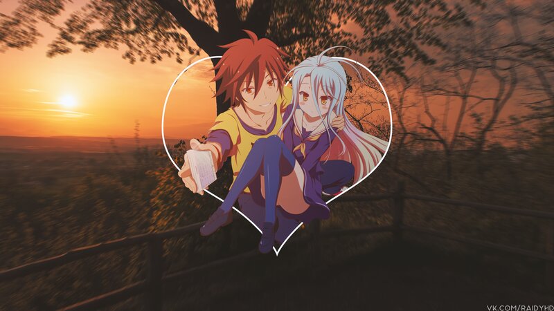 Two Anime Characters Sitting — Orange, Serene, Sunset, Tree
