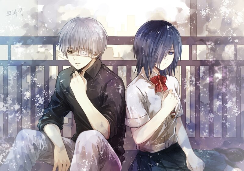 Two Anime Characters Sitting — Purple, Calm, School Uniform