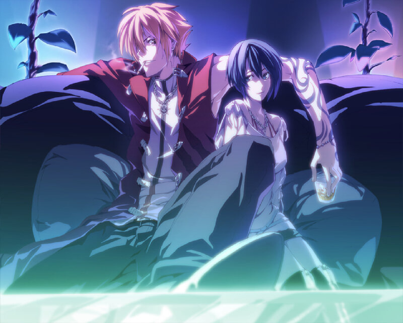 Two Anime Characters Sitting — Purple, Calm