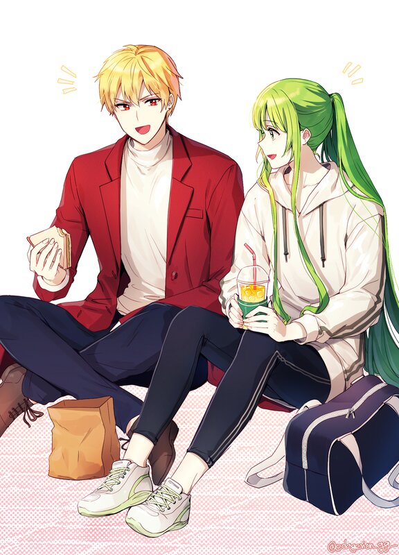 Two Anime Characters Sitting — Red, Relaxed