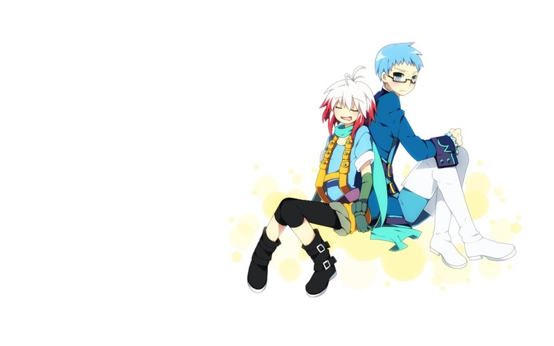 Two Anime Characters Sitting — White, Calm, Backpack