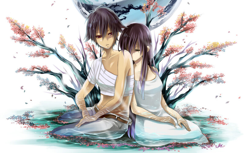 Two Anime Characters Sitting — White, Serene