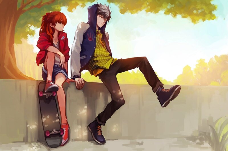Two Anime Characters Sitting — Yellow, Calm, Afternoon, Digital Art