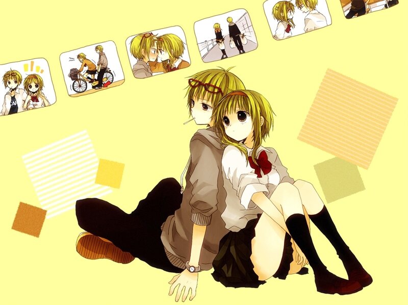 Two Anime Characters Sitting — Yellow, Calm, School Uniform