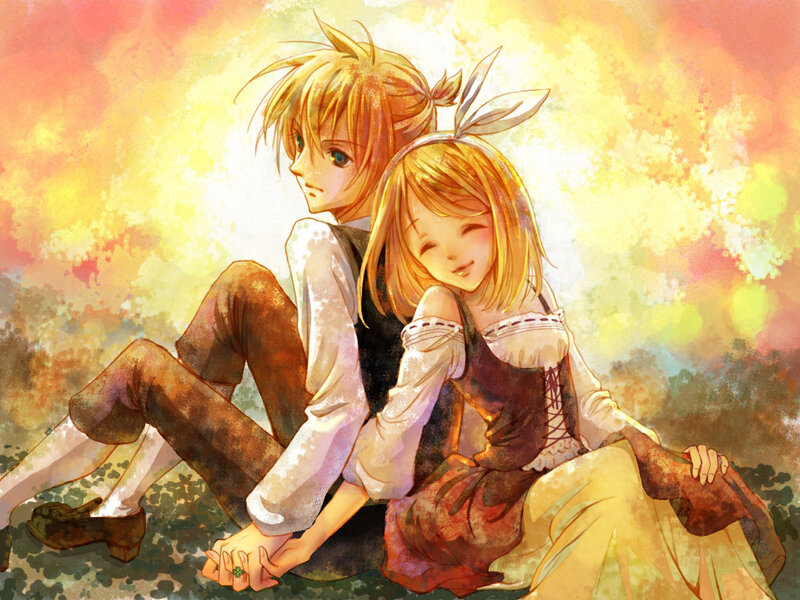 Two Anime Characters Sitting — Yellow, Serene