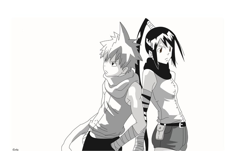 two anime characters standing back to back