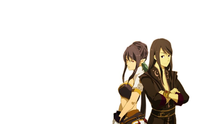 two anime characters standing back to back