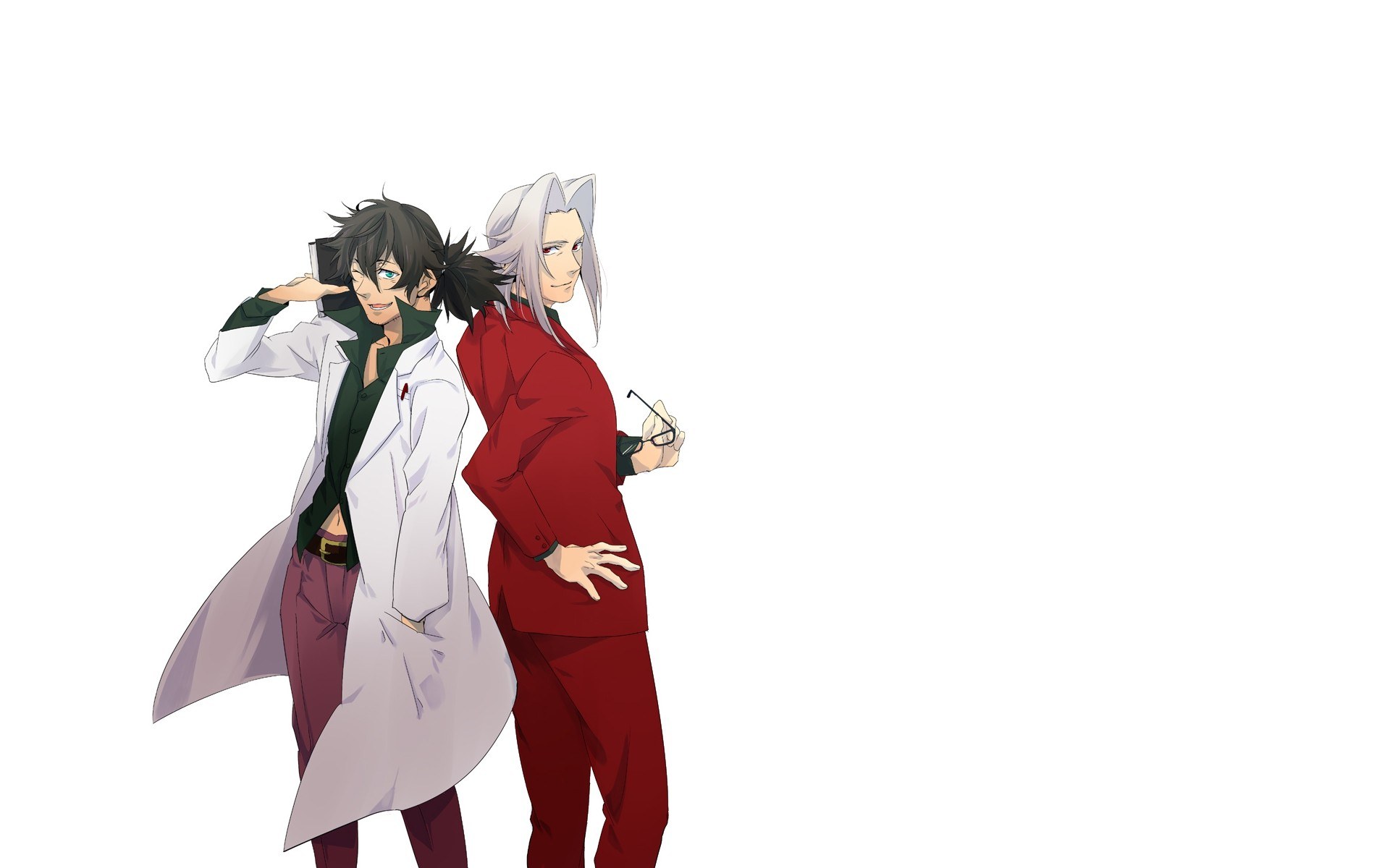two anime characters standing back to back
