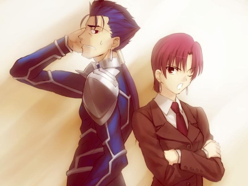 two anime characters standing back to back