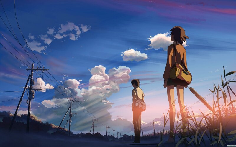 Two Anime Characters Standing — Blue, Serene, Sunset, Sky, Clouds, Power Lines