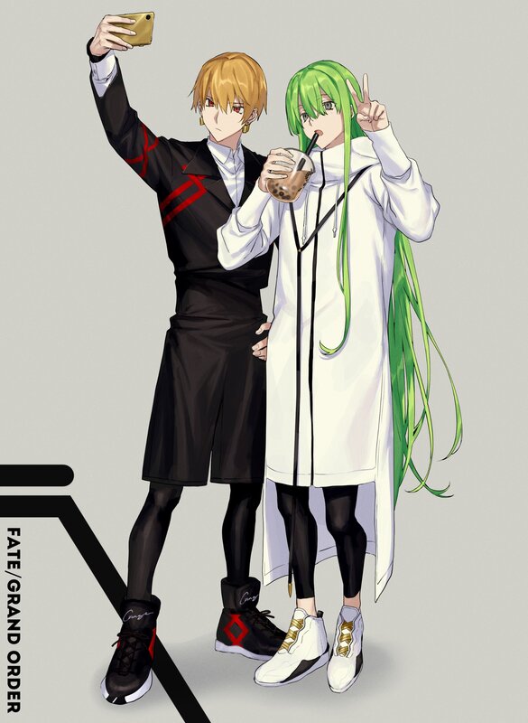 Two Anime Characters Taking a Selfie — White
