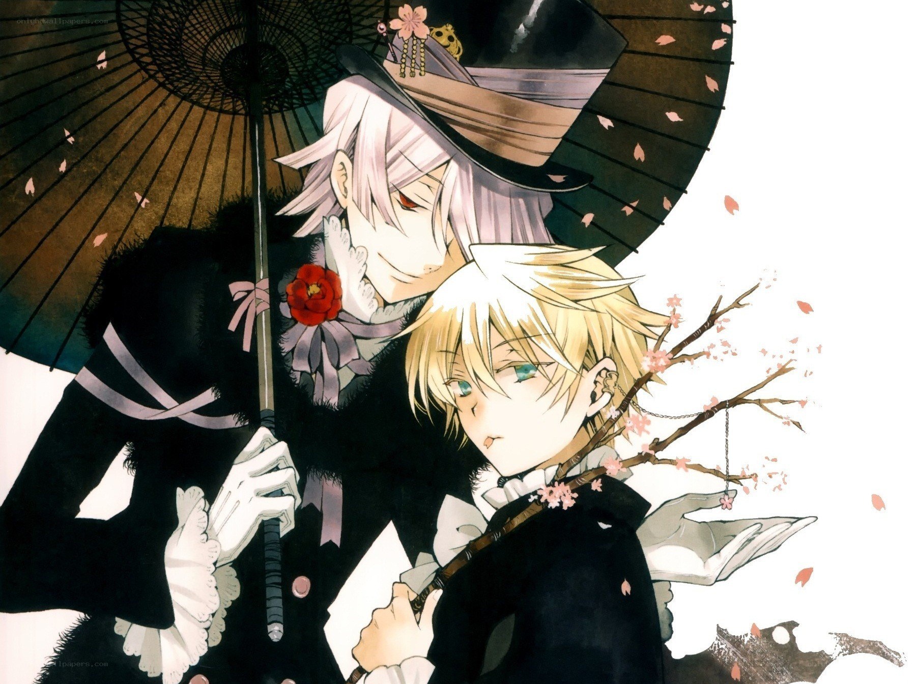 Two anime characters under an umbrella