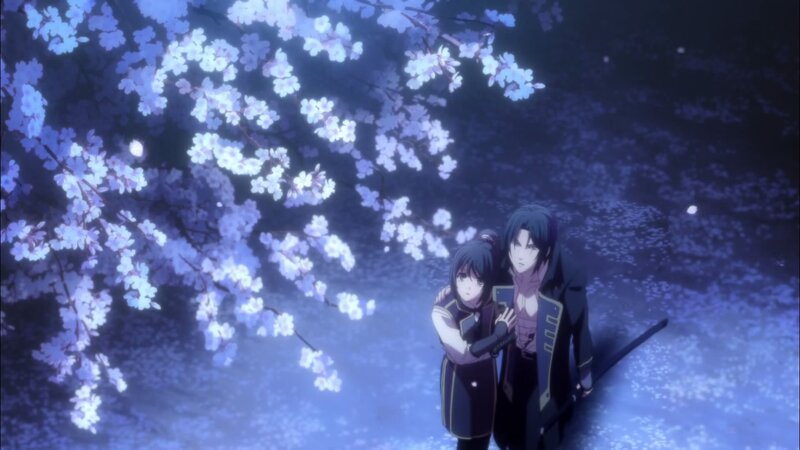 Two Anime Characters under Blossoms — Blue