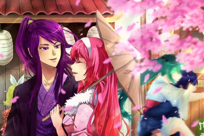 Two Anime Characters under Cherry Blossoms — Pink, Serene, Spring, Cherry Blossoms