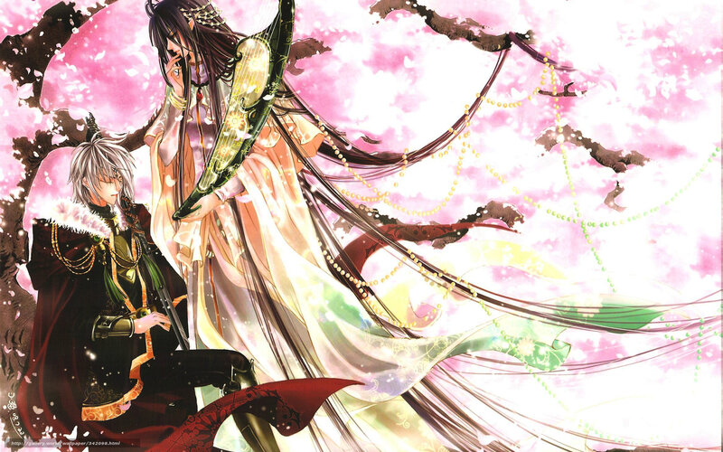 Two anime characters under cherry blossoms