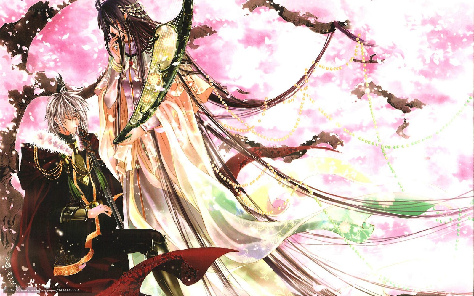 Two anime characters under cherry blossoms