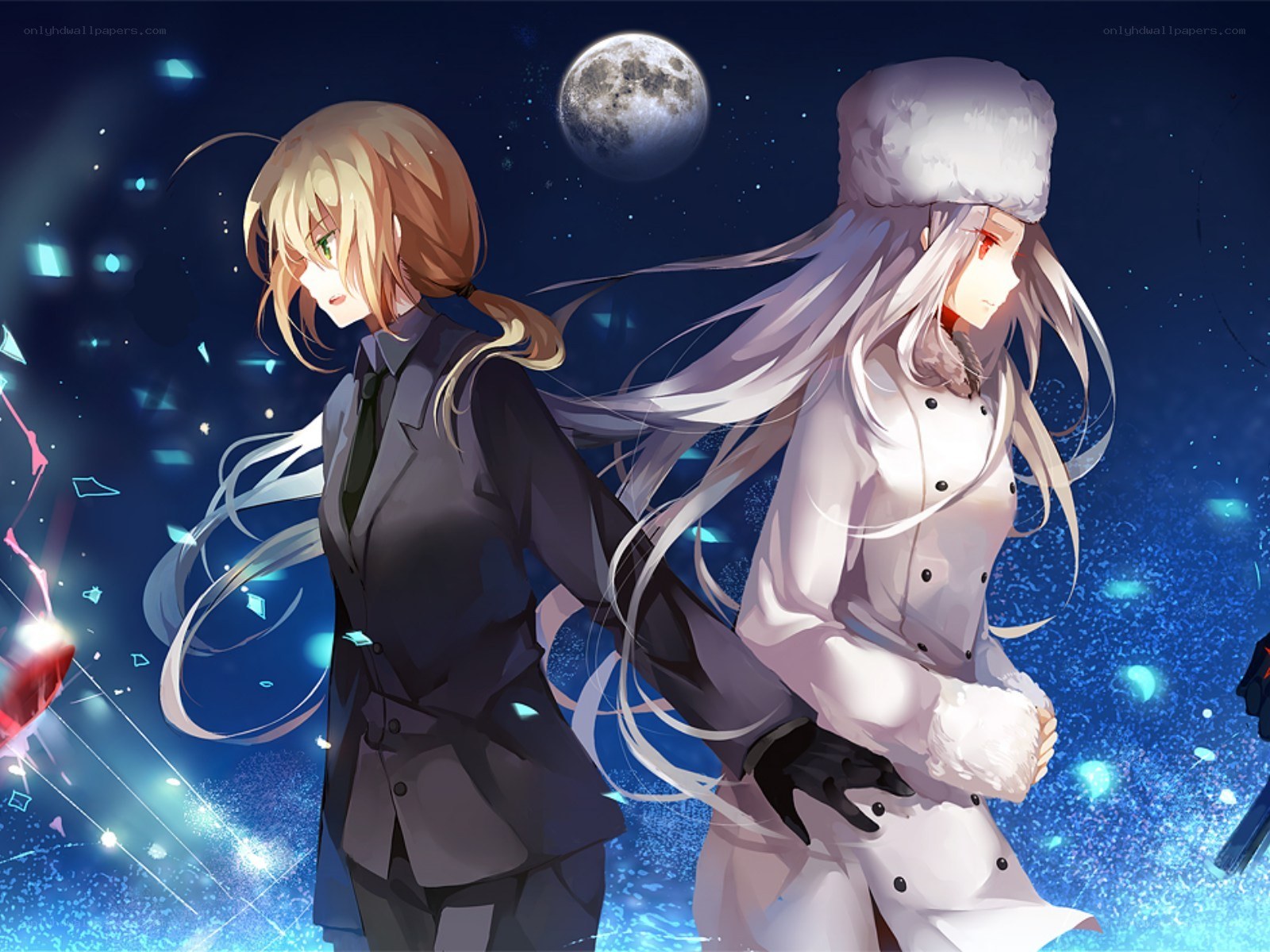 Two anime characters under the moon
