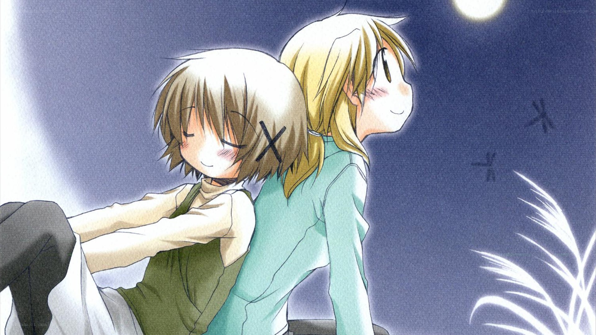 Two anime characters under the moon