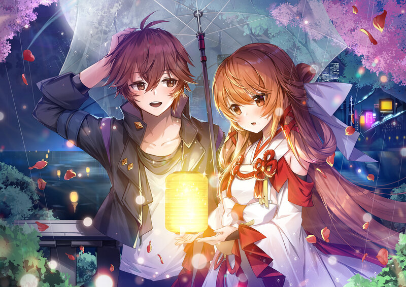Two Anime Characters under Umbrella — Purple, Romantic