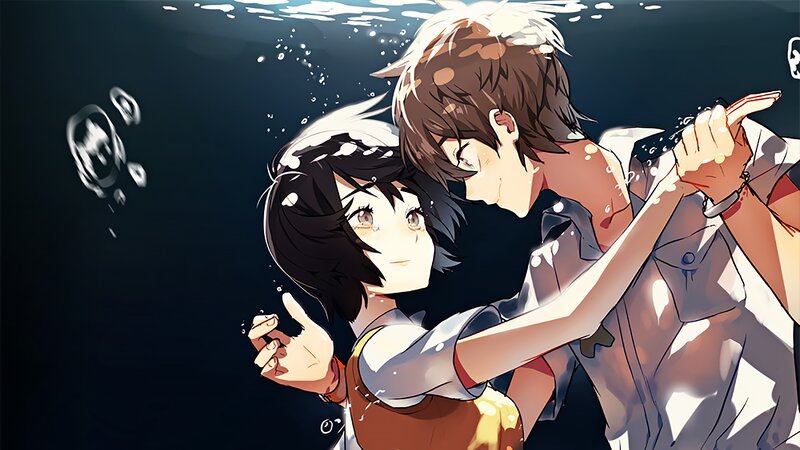 Two Anime Characters Underwater — Black, Dramatic