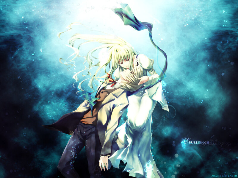 Two Anime Characters Underwater — Blue, Dramatic, Long Hair