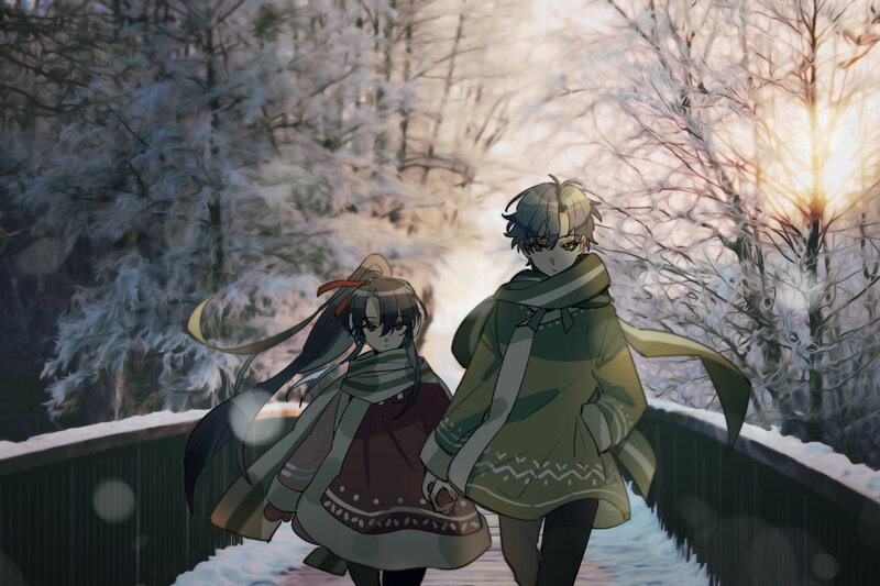 Two Anime Characters Walking — Green, Serene