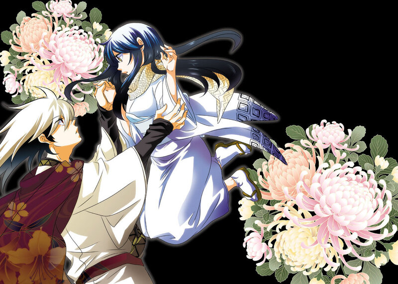 Two Anime Characters — White, Dramatic, Chrysanthemums