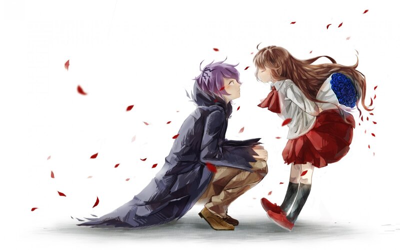 Two Anime Characters — White, Dramatic, Digital Art, Rose Petals