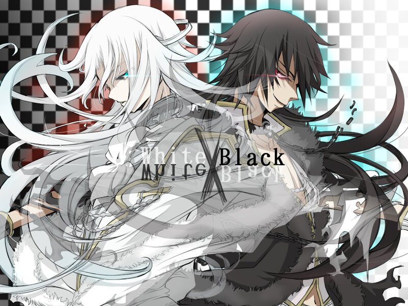 Two Anime Characters — White, Dramatic, Long Hair, Checkered Background