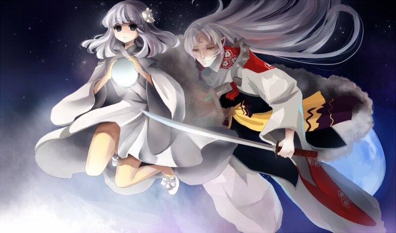 Two Anime Characters — White, Dramatic, Night, Sword, Moon