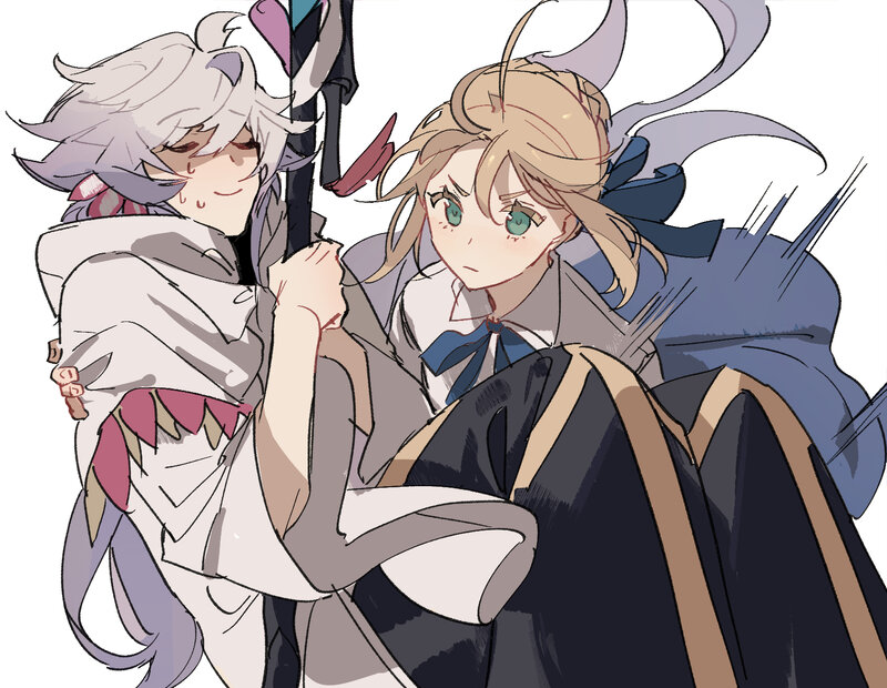 Two Anime Characters — White, Dramatic, Sword, Cloaks