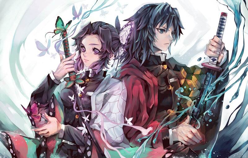 Two Anime Characters — White, Dramatic, Swords, Butterflies