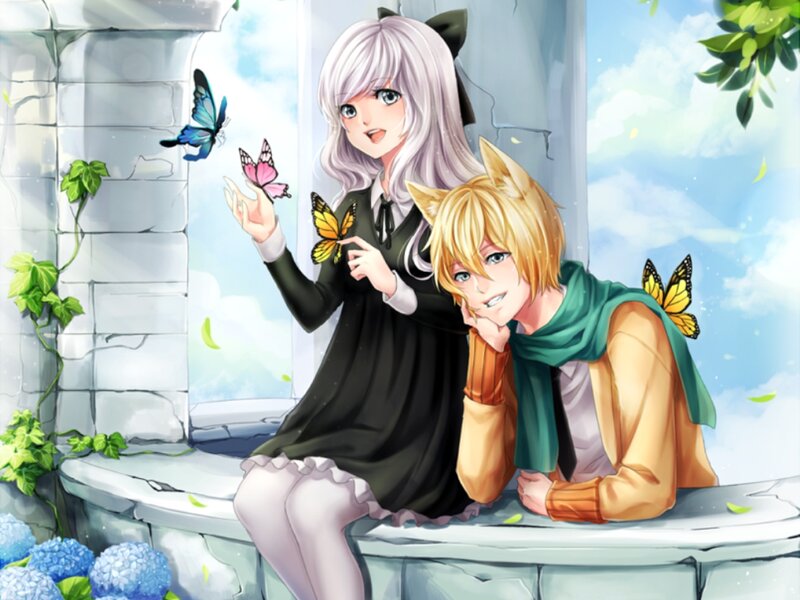 Two Anime Characters — White, Serene, Afternoon, Butterflies