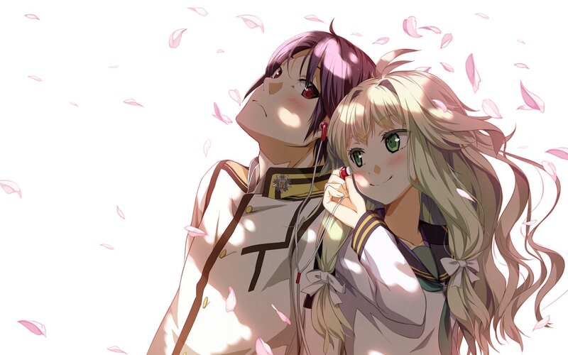 Two Anime Characters — White, Serene, Spring, Earbuds, Petals