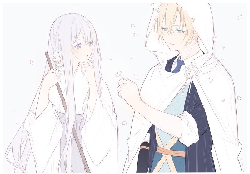 Two Anime Characters — White, Serene, Spring, Flowers