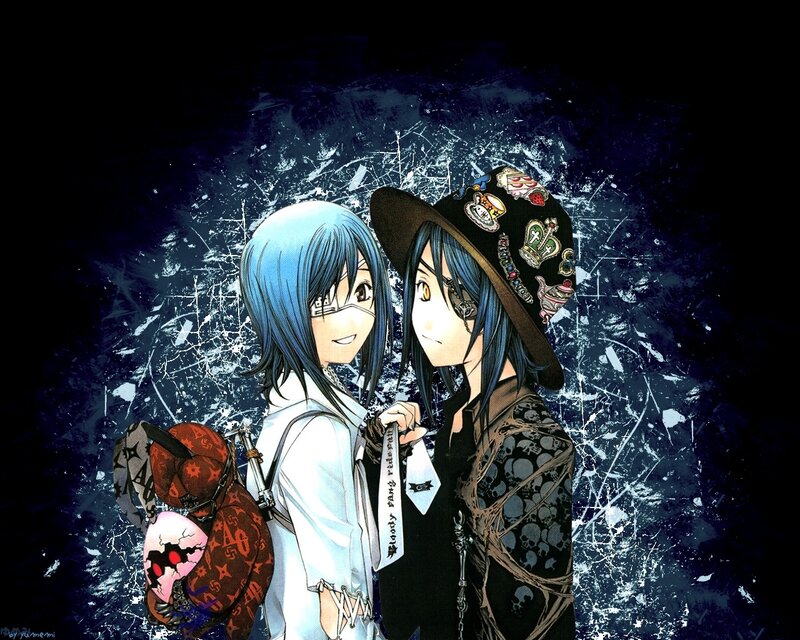 Two anime characters with a dark background